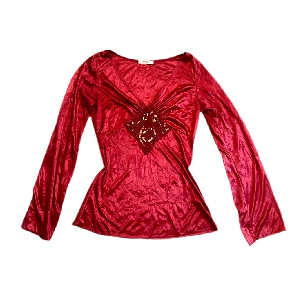 90’s Mikk Couture Elegant Satin Red Long Sleeve Wrap Bust Top Sequin - Picture 4 of 8